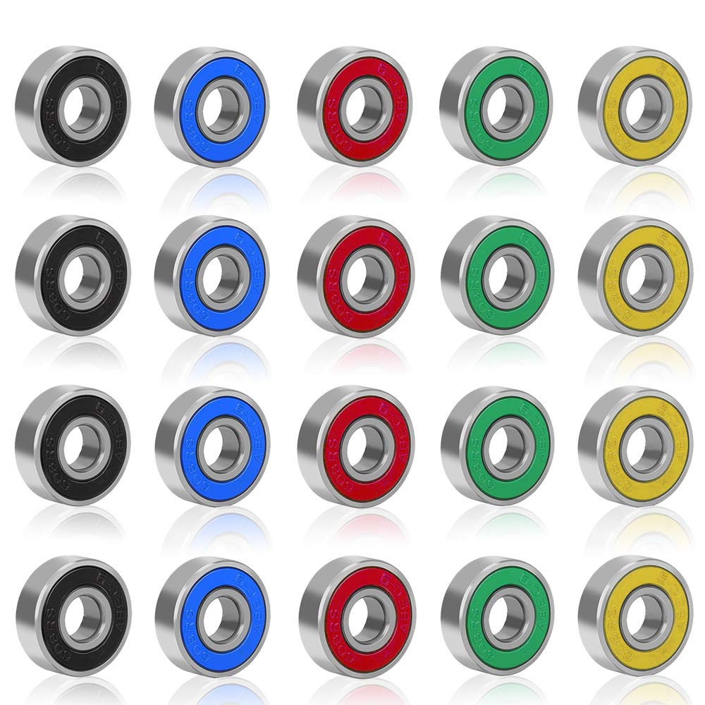 Rybtd 20PCS Ball Bearings Frictionless Color Miniature Metal Bearings ABEC-9 608 2RS Double Shielded Bearings Stainless Steel Bearings are Suitable for Long Skateboards Four-wheel Skates Wheels