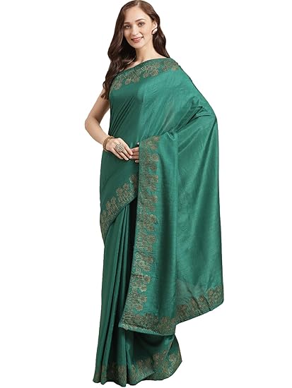 Shaily Womens Silk Blend Swarovski with cut work Saree[Green]