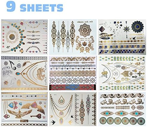 Temporary metallic Tattoos for Women &amp; Teens Girls - Gold &amp; Silver Temporary Tattoos Glitter Designs Jewelry Tattoos - Colorful Flash Fake Waterproof Tattoo Stickers of PLRB (9 Sheets) (metallic)