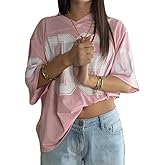 DSORVICD Women Oversized Jersey Shirts Y2k Number Print Graphic Tees V Neck Short Sleeve Baggy T-Shirt Preppy Clothes