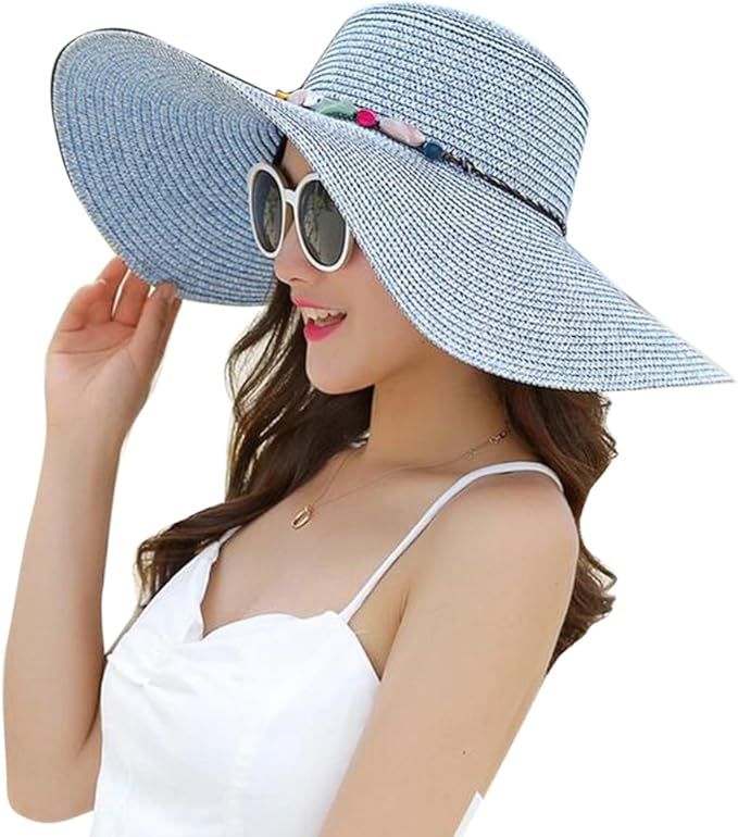 Amazon 折り畳み つば広 帽子 Uvカット 紫外線対策 麦わら帽子 レディースハット かわいい レディース ストローハット人気 持ち運び便利 ブルー ハット 通販