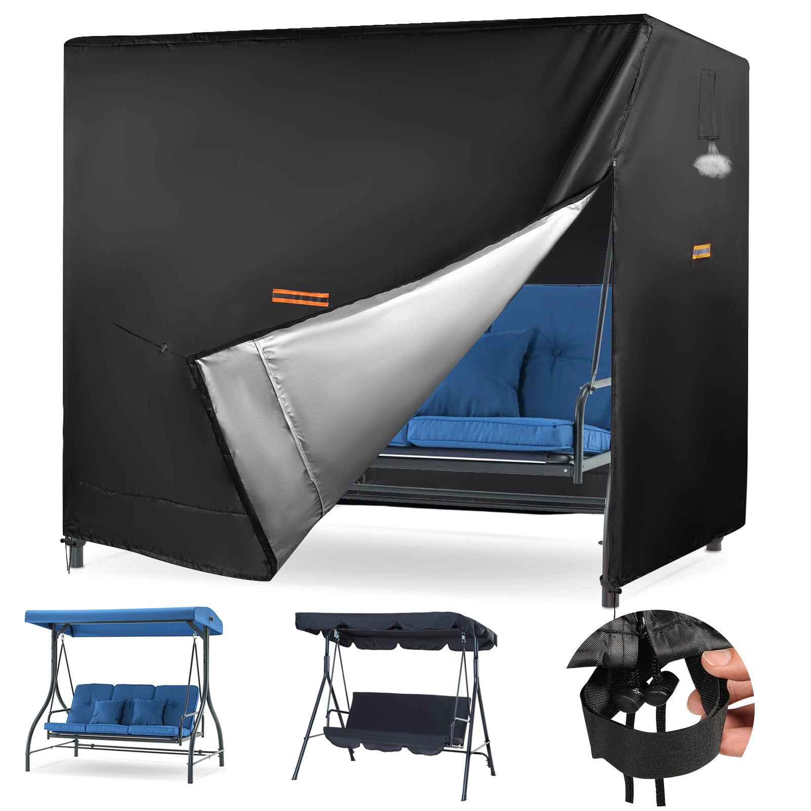 3 Seater Garden Swing Seat Cover,Waterproof Triple Seater Hammock swing covers for outdoor patio swing Garden Patio Furniture Chair Covers Waterproof UV Resistant Swing Canopy Cover（Black）