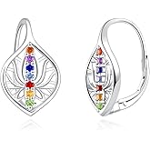 7 Chakra Lotus Earrings for Women - 925 Sterling Silver Yoga Lotus Flower Dangle Leverback Earrings Boho Spiritual Chakra Stone Jewelry Balance Meditation Gifts