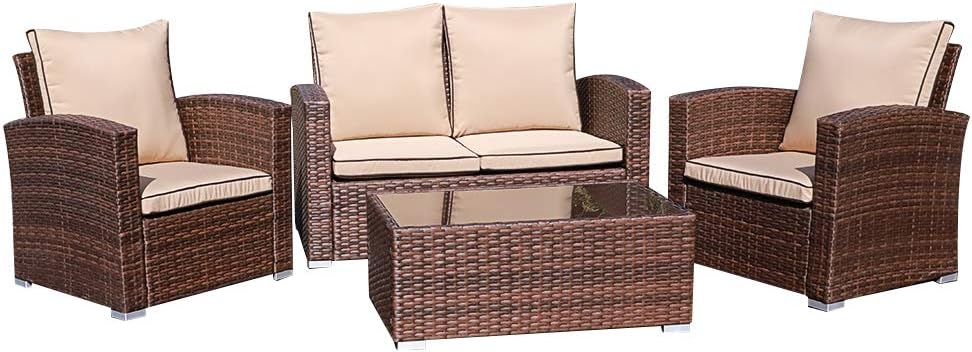 Amazon Com Joivi Patio Furniture Set 5 Piece Pe Rattan Sectional Outdoor Conversation Sofa Set With Brown Wicker Coffee Table With Tempered Glass Beige Cushion Kitchen Dining