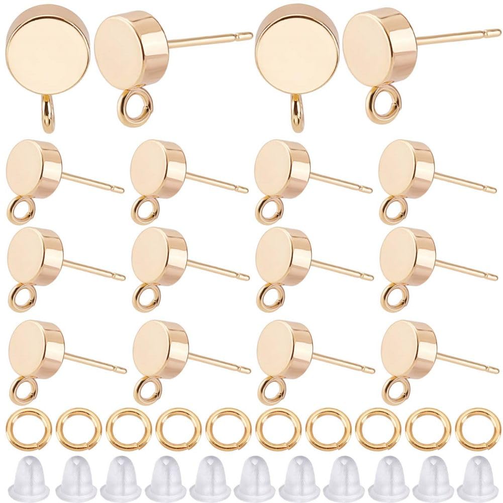 CREATCABIN 1 Box 20Pcs 18K Gold Plated Brass Flat Round Earring Findings Stud Earrings Post Stud Findings Ear with Vertical Loops Ear Nuts for DIY Jewelry Making, 0.4x0.3 Inch