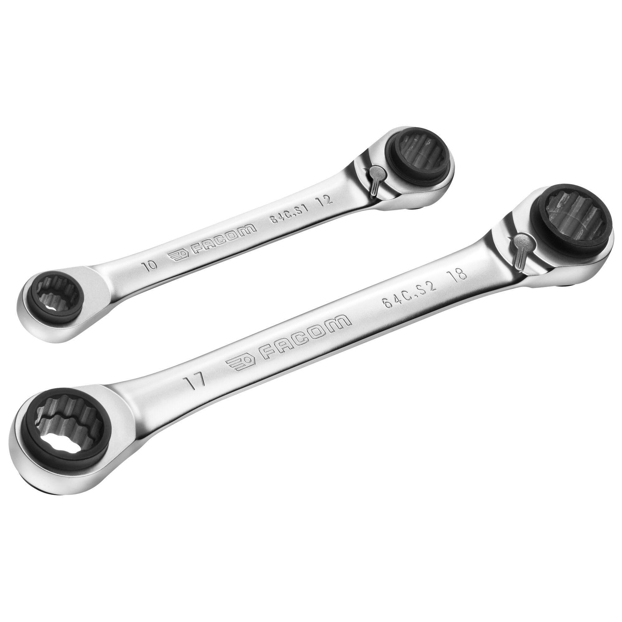 FACOM 4-in-1 Ratcheting Wrench Set, 2 pcs, 8–19 mm, 72T Reversible, 64C.J2PB