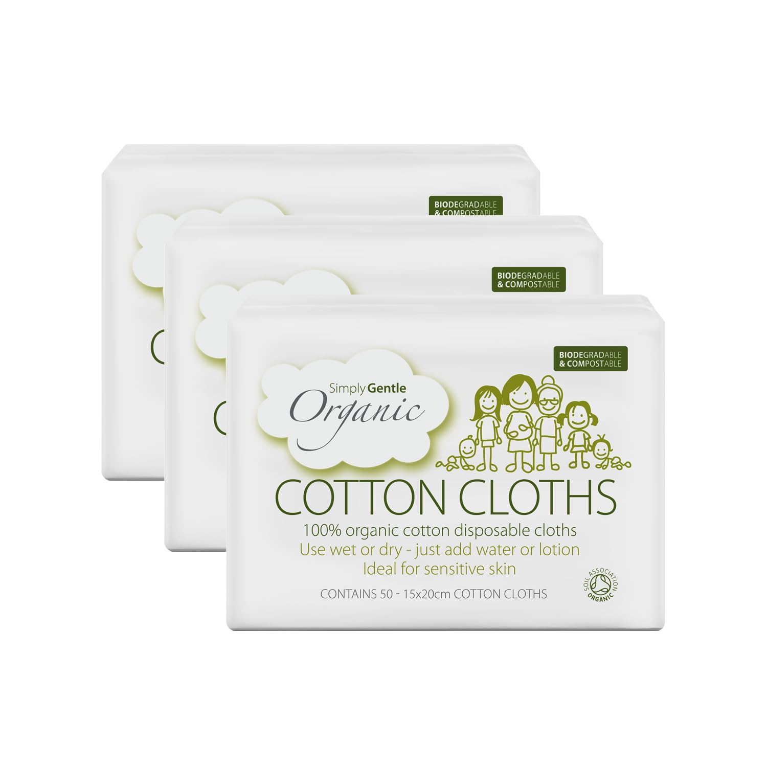 Simply Gentle Organic Dry Wipes/Cotton Cloths Perfect for Sensitive Skin - Pure Cotton Cloths for Newborn Baby - Free from Odours Parabens & Alcohol - Multi-Purpose - Disposable Cloth - 50 (Pack of 3)