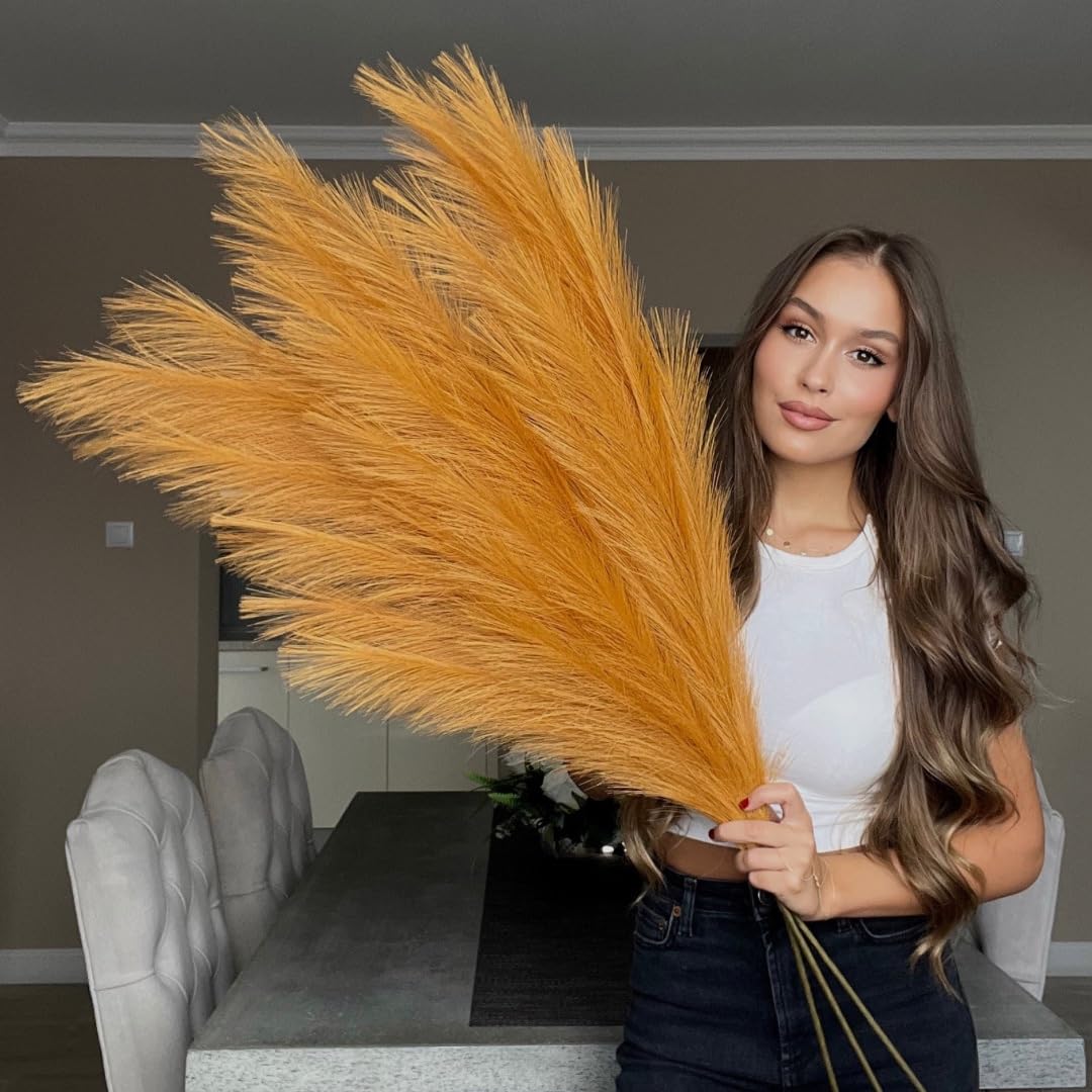 VOULUX Extra Large Tall Orange Fake Faux Artificial Pampas Grass Large Fluffy x3 115cm Stems x18 Decorative Artificial Flora Feathers For Floor Vases Tall Plant Flowers Long Pampas Grass