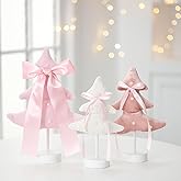 Amyhill 3 Pcs Mini Pink Christmas Tree Table Decor 3 Sizes Pastel Small Table Top Xmas Trees with Bow Pearl Pink and White Christmas Tree with Wood Base for DIY Crafts Xmas Decorations