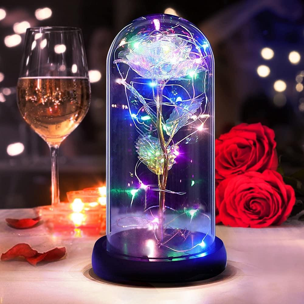 DASIAUTOEM Eternal Rose in Glass, Beauty and the Beast Rose, Enchanted Rose Silk Rose with LED Lights Romantic Decoration Gift for Valentines Anniversary Wedding for Wife Girlfriend