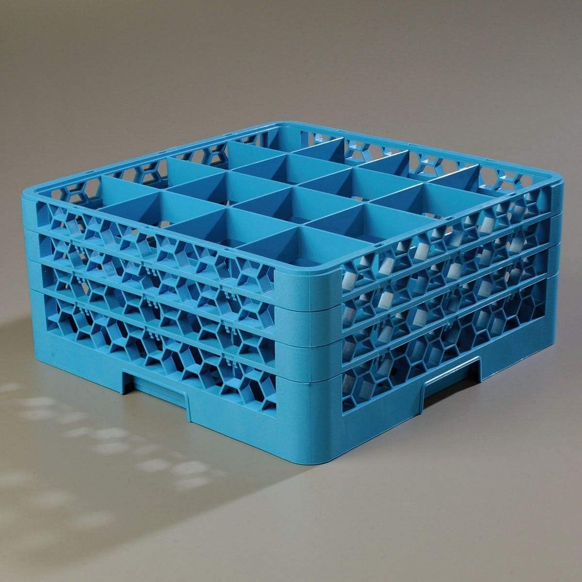 Carlisle OptiClean Dishwasher Glass Rack, 16-compartments (4-7/16" x 4-7/16") with (3) extenders, full-size, holds glasses up to 4-3/16" in diameter with inside height of 7.94", double-wall construction, quick draining, positive stacking, four-way tracking, comfort curve handles on all 4 sides, polypropylene, textured finish, blue, NSF, RG16-314