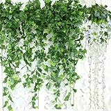 GuassLee Artificial Ivy Leaf Garland Plants Vine - 84 Ft-12 Pack Greenery Fake Foliage Garland Hanging with 2pcs Wisteria Vine Gift for Wedding Party Garden Home Kitchen Office Wall Decorations
