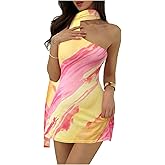 MakeMeChic Women's Summer Y2k Mini Dress Backless Vacation Dress One Shoulder Mesh Dress with Scarf