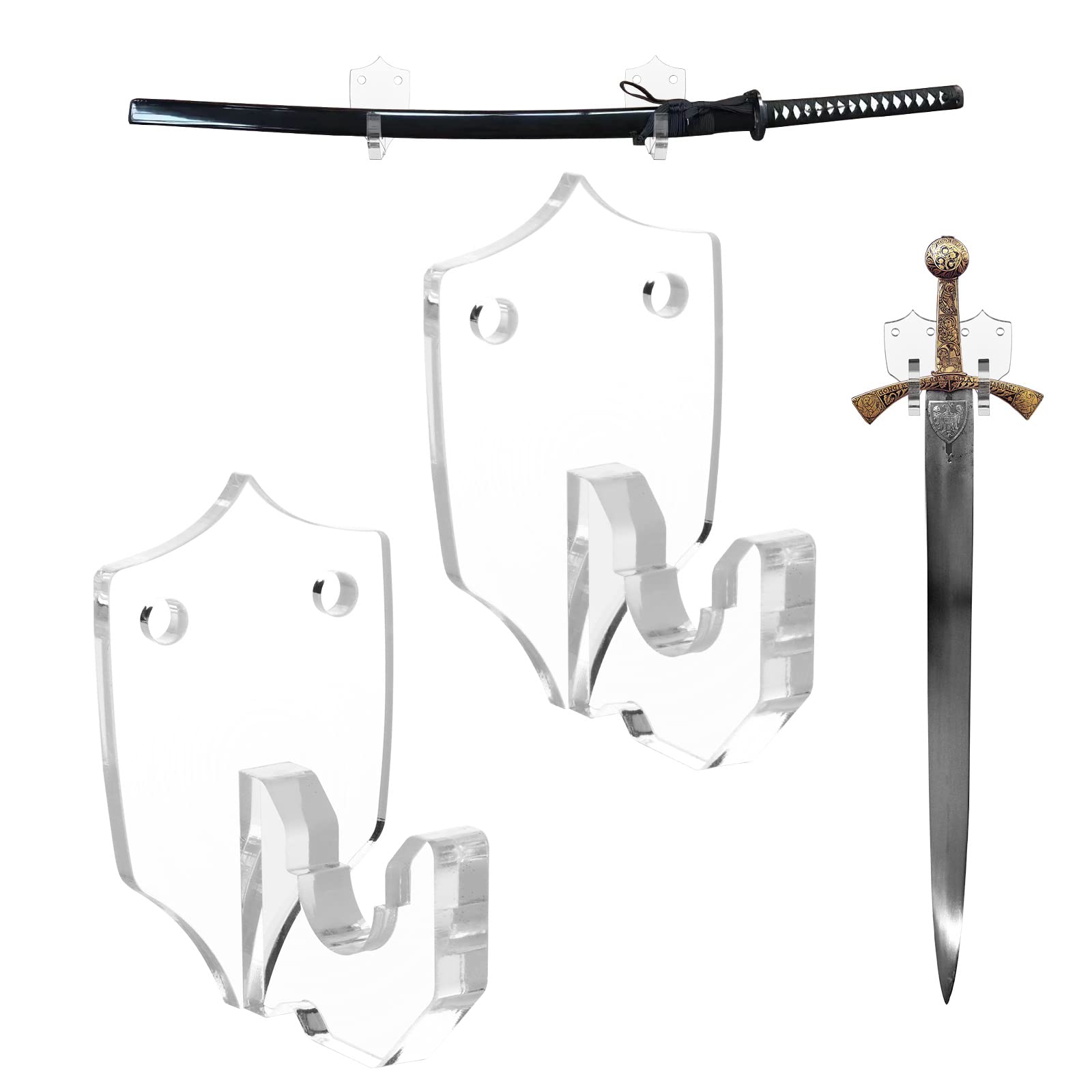 Photo 1 of Cosmos 1 Set Acrylic Sword Wall Mount Display Holder Sword Wall Hook Hanger Sword Wall Rack Stand for Vertical or Horizontal Displaying Martial Art Sword, Dagger, Lightsaber (Transparent Clear Color)