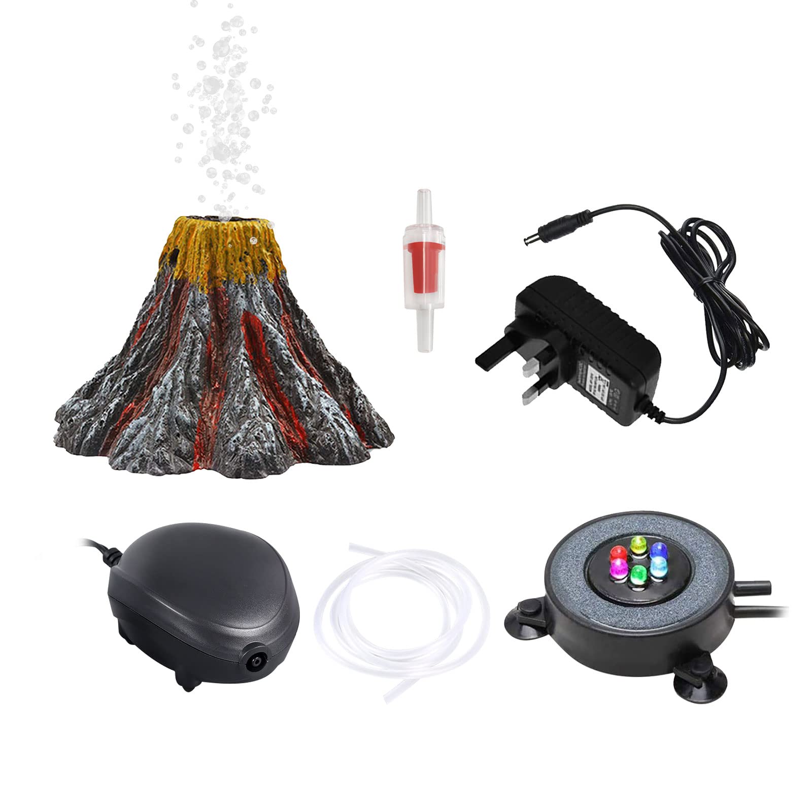 YWNYT Aquarium Volcano Bubble Ornament Kit, Fish Tank Air Bubbler Stone with Air Pump, Aquarium Light with 6 LEDs, Volcanic Stone Mountain Cave Decorations with Trachea for Oxygenation Device