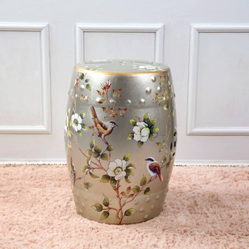 Shoe stool LUYIASI- Hand-painted Flowers And Birds Chinese Stools Ceramic Drum Stool Dressing-benches Round Mound Stool(32x45cm) (Color : Silver)