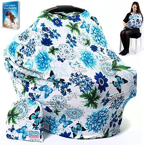 LittleGiggle Baby Car Seat Cover &amp; Nursing Cover | Multiuse Breastfeeding Cover Scarf, Car Seat Canopy, Stroller, Carseat Covers for Girls &amp; Boys, Stretchy Poncho, Infinity Shawl – Blue Floral by