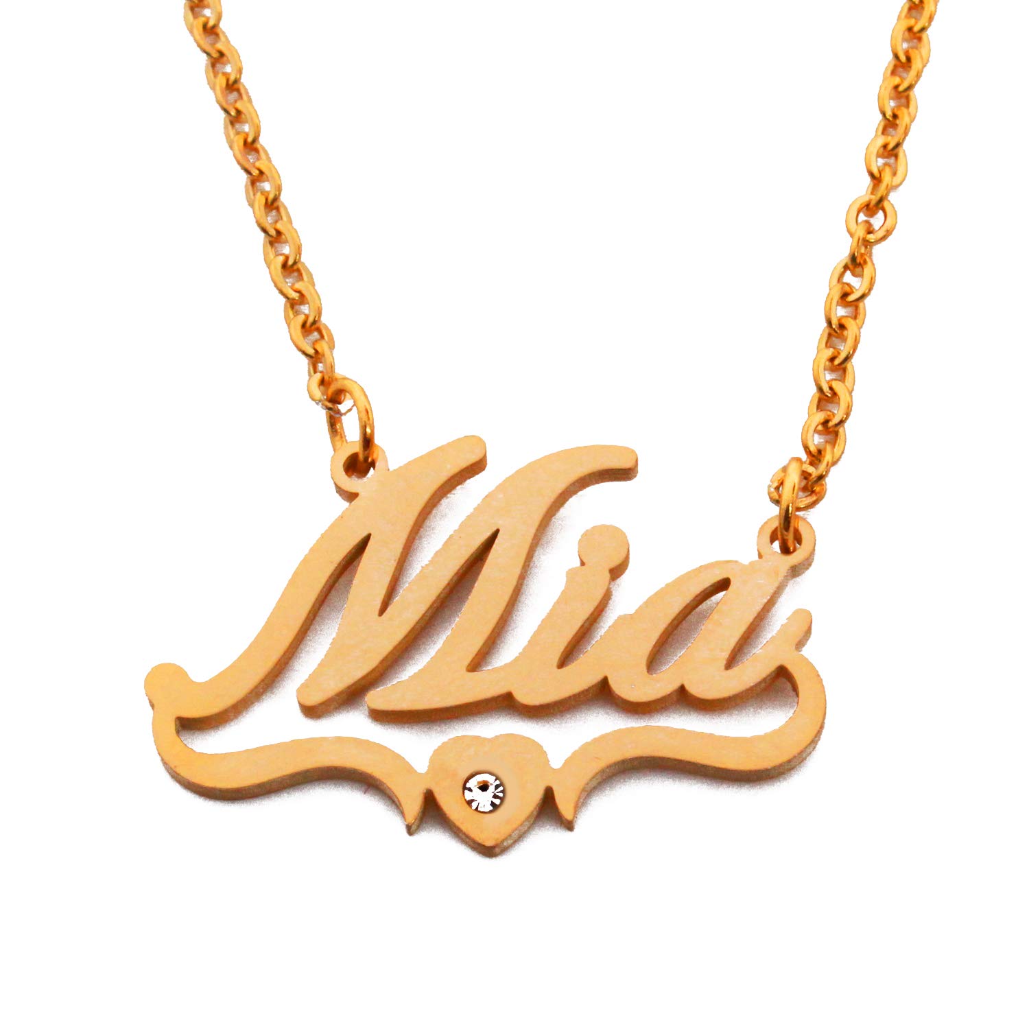 Kigu Mia Name Necklace Personalised Heart Shaped Gold Plated, Custom Dainty Name Pendants, Jewellery for Ladies, Girlfriend, Mother, Sister, Friends Inc Bag & Box