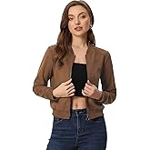 Allegra K Faux Suede Cropped Coat for Women's Stand Collar Zip Up Biker Moto Bomber Jackets