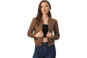 Allegra K Faux Suede Cropped Coat for Women's Stand Collar Zip Up Biker Moto Bomber Jackets