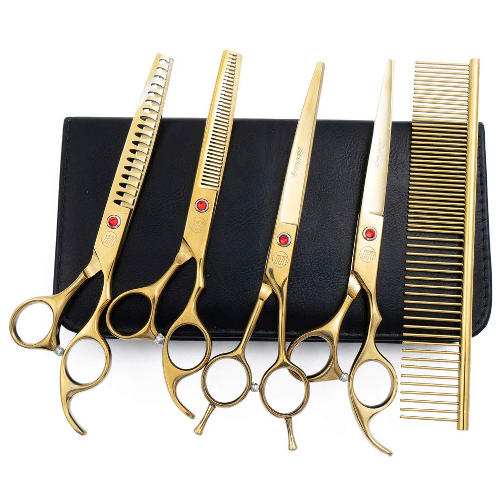 Moontay Professional Dog Grooming Scissors Set, 7 Inch/8 Inch Pet Grooming Scissors Chunkers Shears for Dog, Curved Dog Grooming Scissors, Thinning Shears for Dog with Comb (7 inch, Gold)