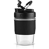 ROZBAH 12oz Glass Coffee Cup - Reusable Travel Mug with Lid for Tea/Coffee, BPA-Free, Microwave Safe, Anti-Slip Silicone Sleeve, Dishwasher Safe