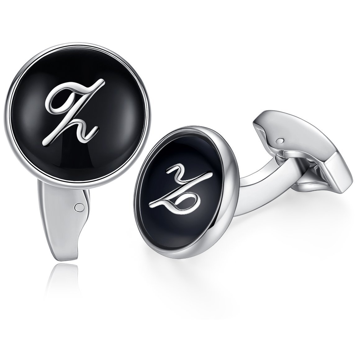 HONEY BEAR Initial Alphabet Letter Cufflinks for Men, Black Round Shape Wedding Business Gift A - Z (Z)