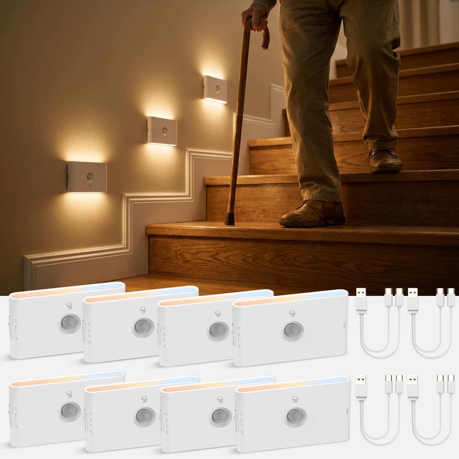 Photo 1 of wowatt Rechargeable Motion Sensor Stair Light, Whtie Automatic Lights with Magnetic Mount, Dimmable Step Lights Indoor for Stairway, Hallway, Kitchen, Bathroom(8 Packs)