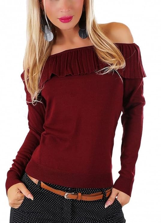 Carmen-Feinstrickpullover mit süsser Volant-Kante in weinrot: Amazon.de