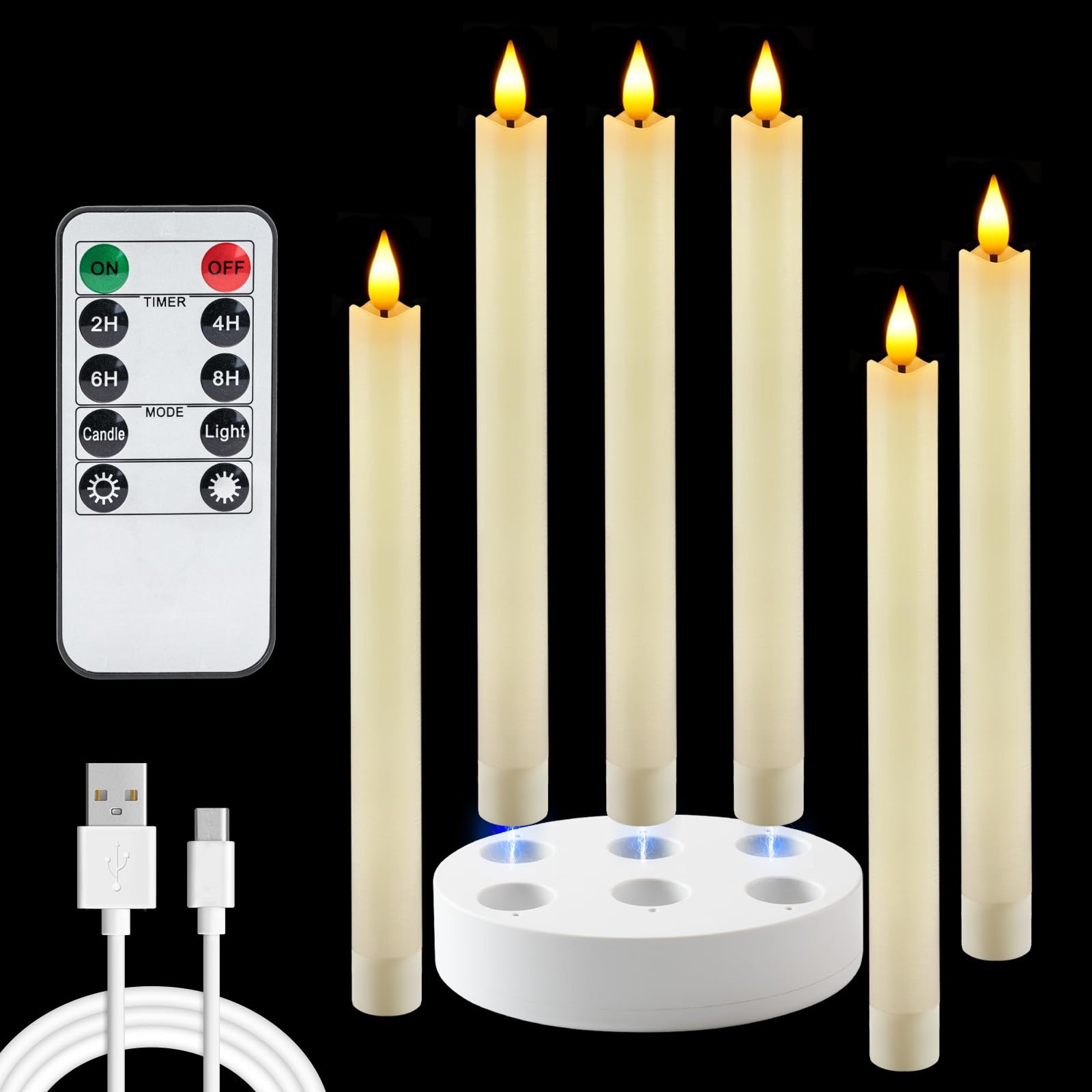 Photo 1 of ***UNTETSED/ MISSING POWER CORD*** Homemory Rechargeable Flameless Taper Candles, Real Waxy LED Candlesticks Flickering, Battery Operated Candles with Remote Timer, 9.6 Inches for Home Wedding Christmas Decor, 6 Pcs, Ivory