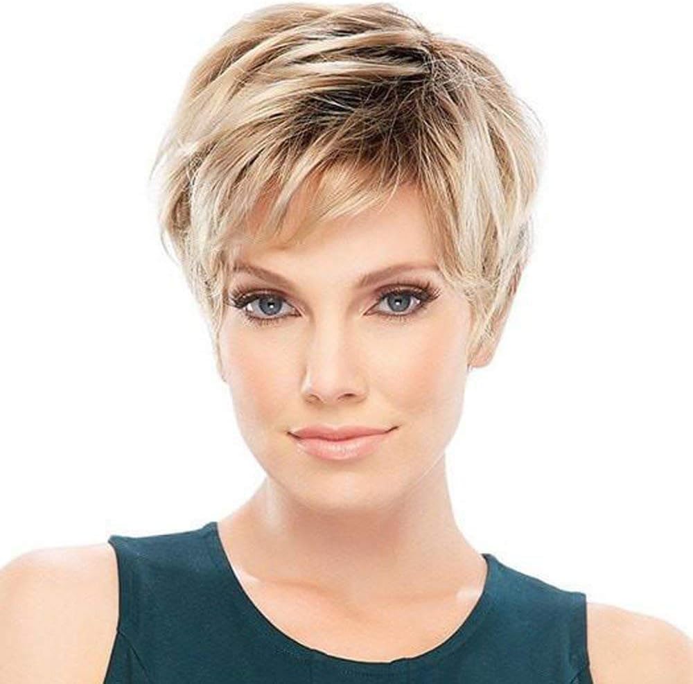 Divine Natural Pixie Cuts Hair Wigs Short Fluffy with Bangs Synthetic Hair Wigs for Women Black Root to Blonde Hair