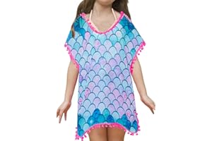 Funnycokid Girls Swimsuit Cover Ups Kids Beach Bathing Suit Coverup Swim Cover Wraps with Pom Pom Trim 3-12 Years
