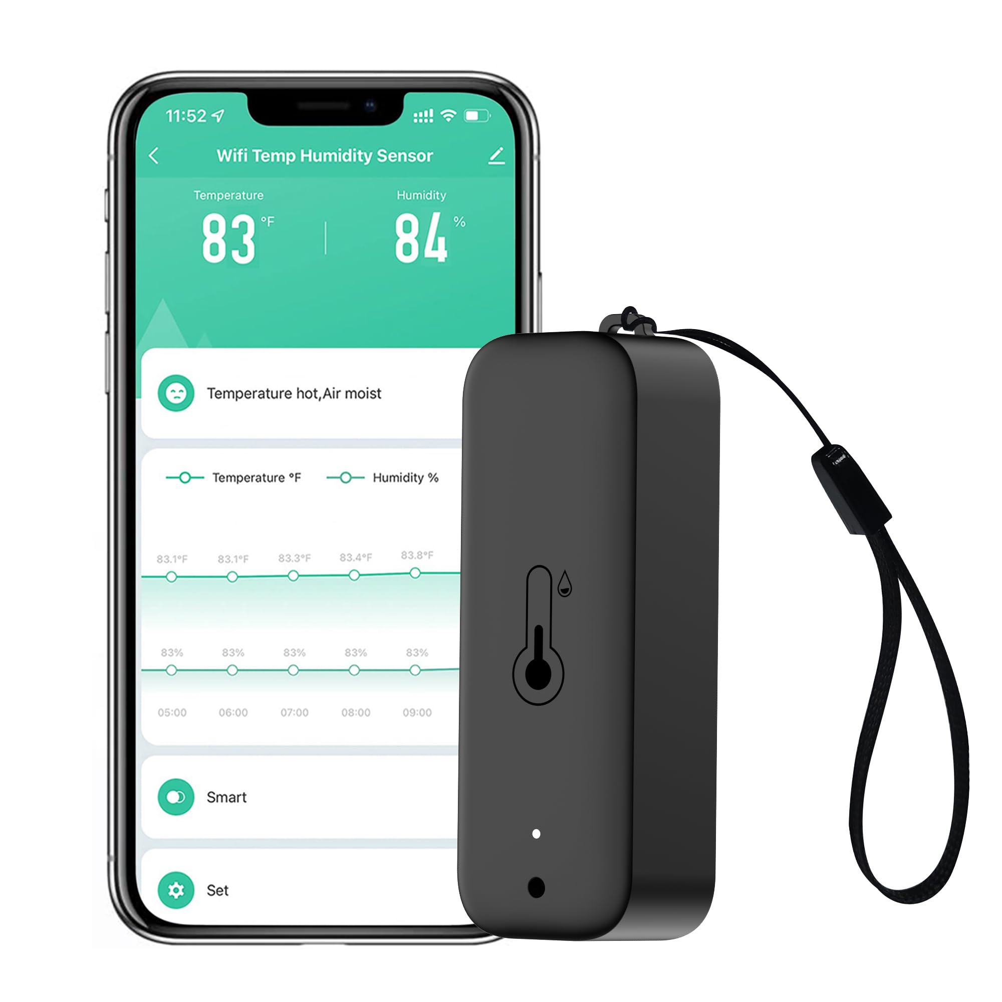WLAN Thermometer Hygrometer: Intelligent Temperature Humidity Sensor with App Remote Control & Data Storage Export, Indoor Temperature Humidity Monitor Compatible with Alexa (1 Pack Black)