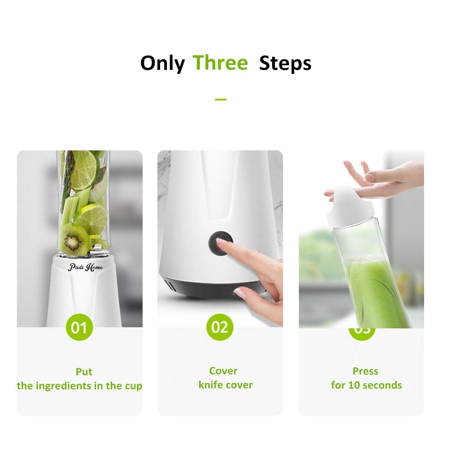 Padi Home Minibatidora, Rápido y Sano Mini batidora, Complemento Cocina, 300 W, Libre de BPA, 1 Vasos de 600 ML, Ideal para los Batidos Post entreno, Color- Blanco