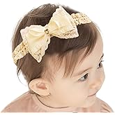 Rannyrena Baby Girl Bows Lace Headband Soft Cotton Tulle Hair Band Princess Infant Head Wrap Turban Ribbon Bow-knot Elastic Hair Accessory for Newborn Infant Toddler (Off white, Standard size)