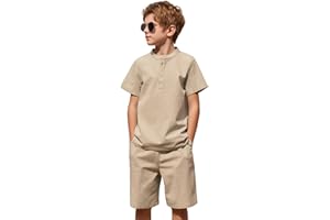 Arshiner Boy's 2 Pieces Cotton Linen Set Casual Henley Shirts Short Sleeve Beach Shorts Summer Outfits for 5-12 Years Kids