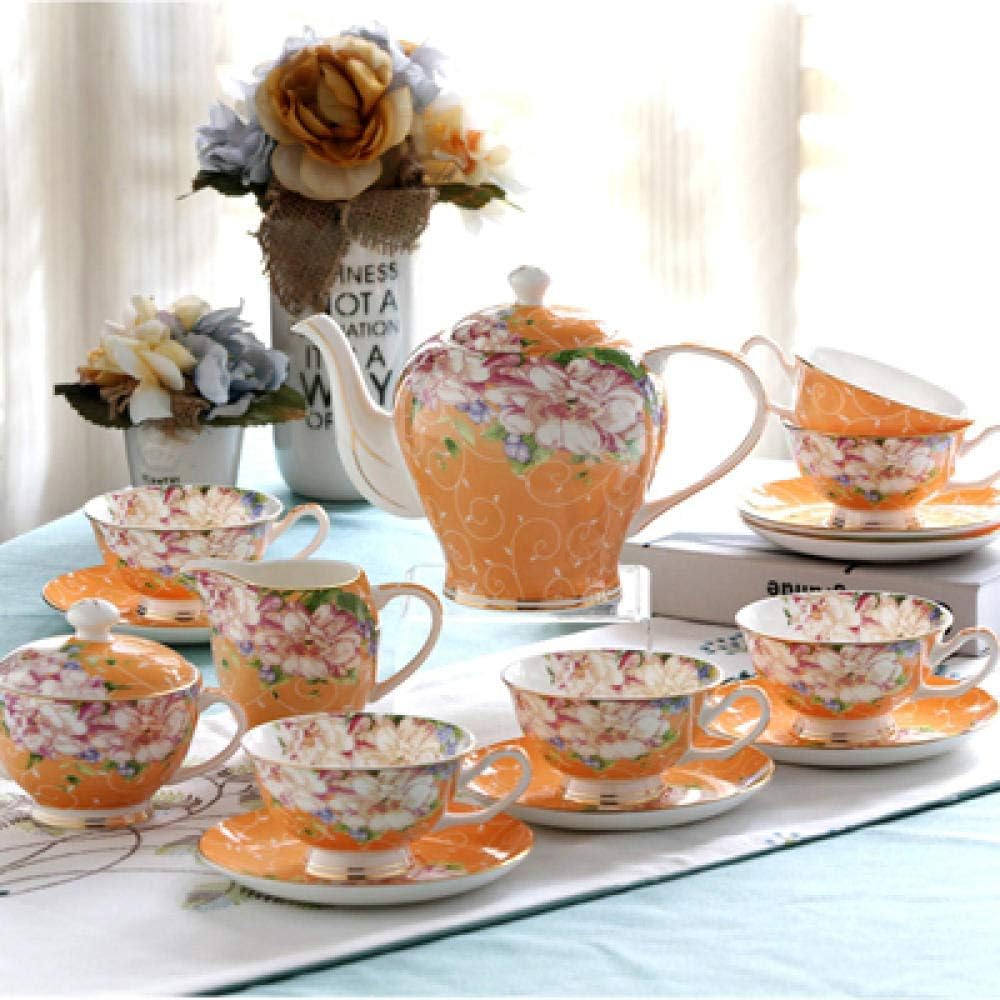 21piece-Set Delicate Bone China Coffee Cup Set European Vintage Tea Cup Tea Kettle Coffee teapot and Tea Cup and Saucer Set-Orange