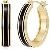 Ohslya Gold Plated Hoop Earrings for Women 14K Gold Black and Gold Earrings Women's Hoops Earring Trendy Hypoallergenic Earrings for Womens 25mm