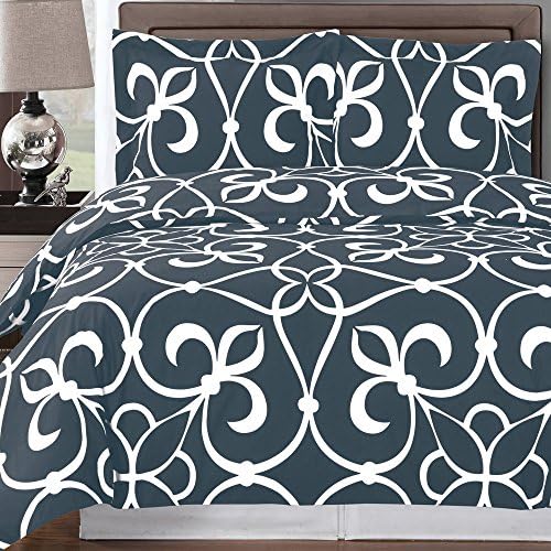 Duvet Cover Set and Pillowcases 3 piece King/Cal King Size (106"x92") 100% Cotton Luxury Soft Modern Reversible Printed Medallion Pattern Dark Grey Bedding with 4 Corner Ties