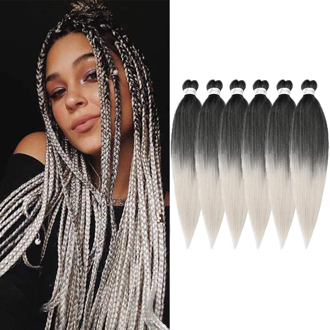 Pre-stretched Braiding Hair 26 inch 6 Packs Professional Synthetic Fiber Crochet EZ Braids Yaki Texture Braiding Hair Extensions (1B/Silver) — image 1