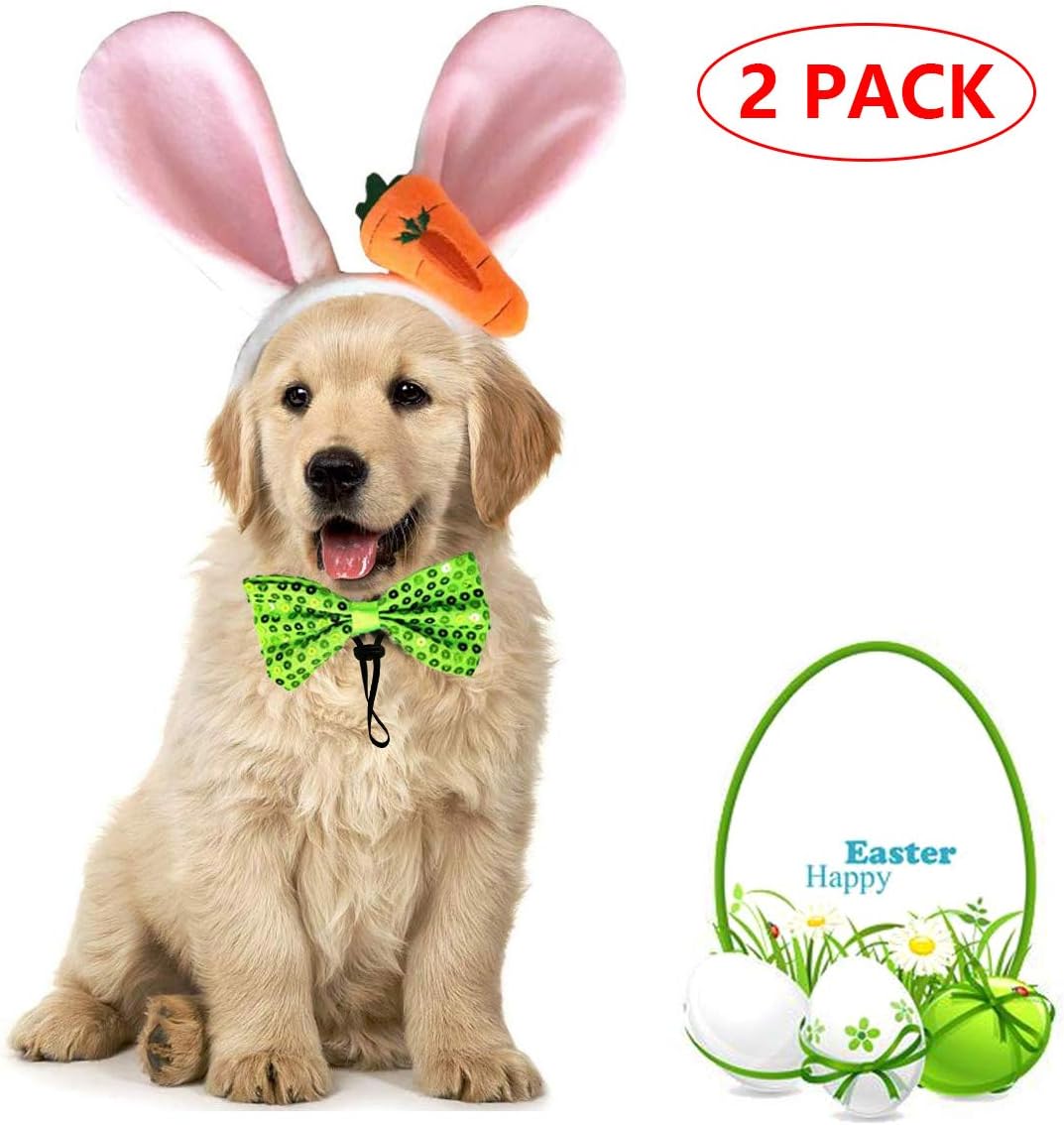 Vehomy 2 Pieces Dog Easter Carrot Bunny Ears Headband Dog Easter Collar Bowtie Puppy Dog Cat Easter Party Costume Rabbit Ears Headwear for Pet Dogs Cats Easter Dog Cat Headband Bow tie Costume