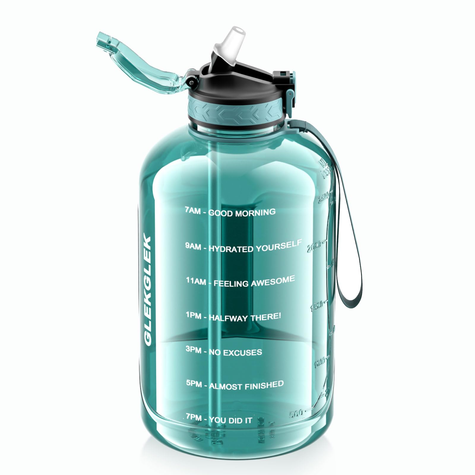 GLEKGLEK Large Water Bottle 3l with Straw Leakproof Cap Motivational Time Marker Bpa Free Drinking Jug with Handle for Gym Sports (Cyan)