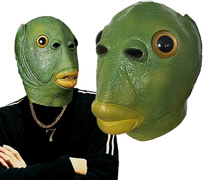 Amazon 魚の頭のパーティーマスク 動物のヘッドギア 緑の口の魚のマスクのヘッドギア現実的な動物のヘッドギア 大人の動物の コスプレ小道具ラテックスマスク 安全な無毒のラテックス Himei マスクストラップ カバー