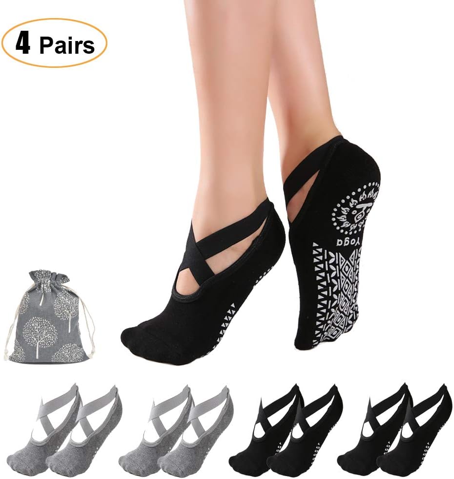 EASSI Yoga Socks for Women Non-Slip Grips & Straps for Yoga, Pilates, Barre, Ballet, Dance, Rehab, Maternity, Barefoot Workout - Black & Grey, 4 Pair