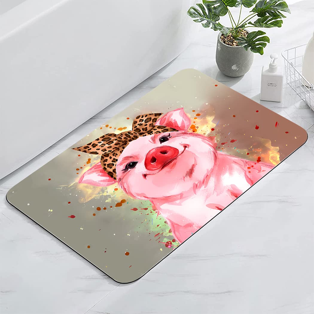 YISUMEI Bathroom Rug,Absorbent Non-Slip Indoor Bath Mat for Bathtub and Shower Floor,Durable Rubber Backing Print,17"x24",Cute Animal Pink Pig Flowers Cartoon Funny Watercolor Piglet Kawaii