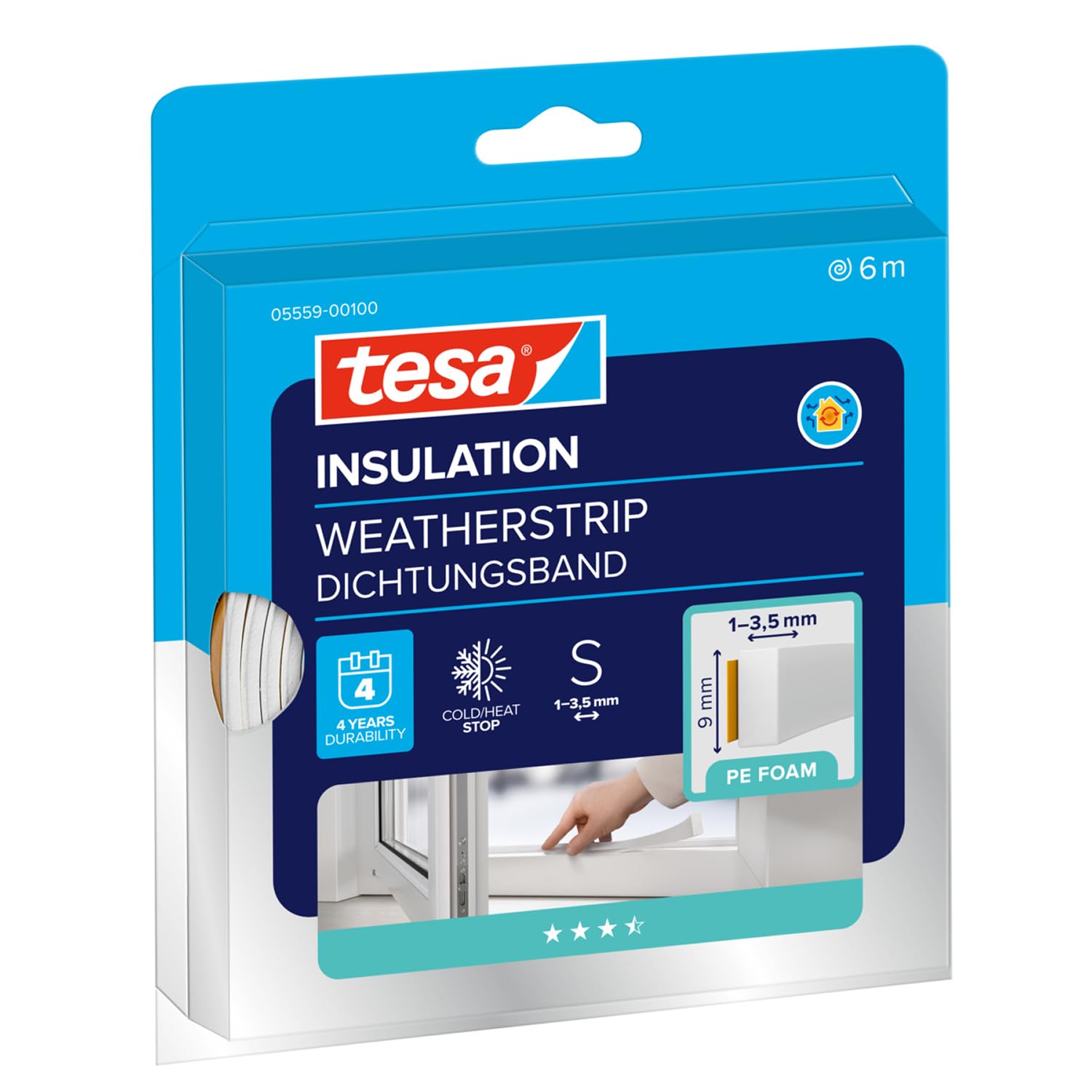 tesa INSULATION Weatherstrip - Sealing Tape S - PE Foam Seal for Insulating gaps in the home, Self-adhesive - White - 6 m x 9 mm x 4 mm
