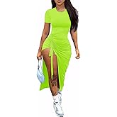 Nimsruc Women Sexy Summer Dresses Short Sleeve Thigh-high Slit Ruched Bodycon Maxi Club Cocktail Party Dress
