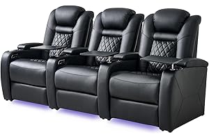 SOOTHROOM Home Theater Seating, Classic Series Leather Movie Theater Chairs, Power Headrest and Memory with C-Type USB Charger, 7-Color Ambient Lighting and Tray Table, Black Power Adjustable Recliner(Row of 3)