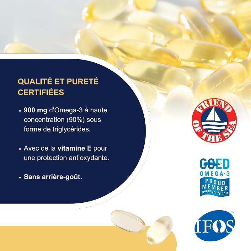 Vitality 1000 – Complément de 1000 mg d'oméga 3 - vitamine E - Pour le coeur et le cerveau - Concentration en oméga 3 de 90% - Certificat IFOS 5 étoiles - Huile de poisson pure - 90 gélules