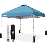 CROWN SHADES 10x10 Pop Up Canopy - Beach Tent with One Push Setup - Easy Outdoor Sun Shade for Events, Parties, Camping - Gazebo with STO-N-Go Cover Bag, Silver Coated Top, Cyan Blue